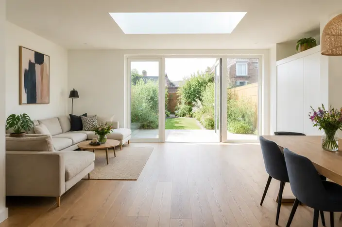 AI-beeld: een lichte woonruimte met een houten vloer, een bank en een eettafel, een daklicht in het plafond en glazen deuren naar de tuin