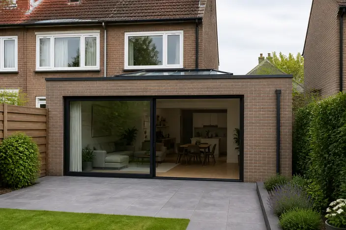 AI-beeld: een bakstenen aanbouw met een plat dak, een daklicht en brede glazen schuifdeuren aan de achterkant van een rijtjeshuis, met een terras ervoor